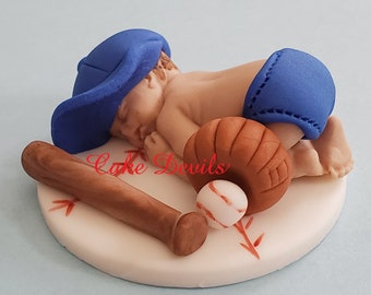 Baseball Baby Shower Cake Topper, Fondant Sleeping Baby Cake Decoration with baseball, baseball cap, glove, bat, Little slugger sleeping