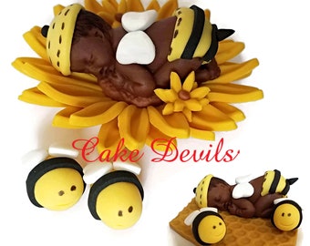 Baby Bumble Bee Fondant Cake Topper, Fondant Sleeping Bee Sunflower Baby Shower Cake Topper, Baptism, Christening, Handmade Edible Fondant