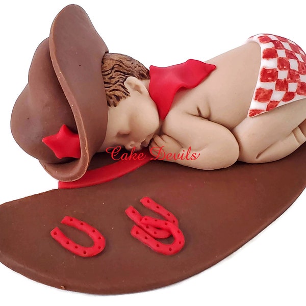 Fondant Cowboy Baby Shower Cake Topper, Gingham Diaper, Cowboy, Rodeo, Picnic, Baby-Q, Sleeping Baby, Cowboy Hat, Country Western Baby