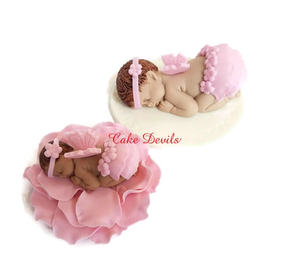 Christening Baby girl fondant sleeping baby Handmade Edible baby shower cake topper Baptism Pink Ruffle baby baby Flower headband
