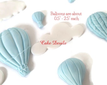 Fondant Solid Color Hot Air Balloons and Clouds Cake Toppers, Handmade Edible Sugar Balloon Cake Decorations for birthdays, baby showers