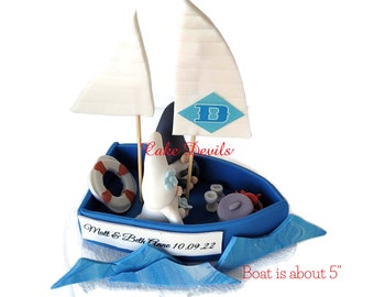 Fondant Wedding Gnomes Cake Topper, Gnomes in a Sail Boat Cake Decorations, Bride and Groom, fully customizable and personalized