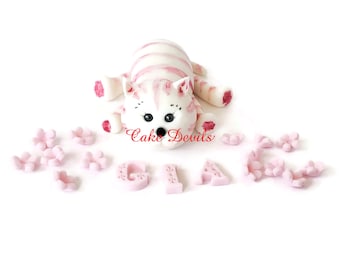 Fondant Striped Cat Cake Topper with Flowers and name, Pink Cat Cake Decorations, handmade edible, cake topper Cat Birthday Party Supplies