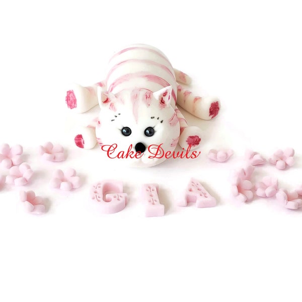 Fondant Striped Cat Cake Topper with Flowers and name, Pink Cat Cake Decorations, handmade edible, cake topper Cat Birthday Party Supplies