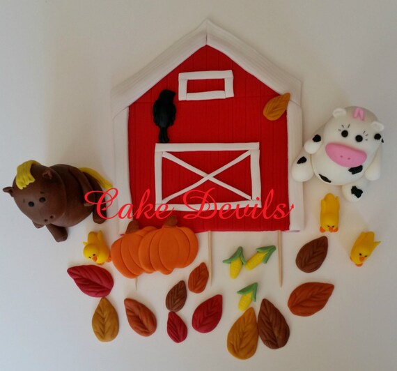Fall Barn Farm Animal Fondant Cake Topper Kit Pumpkins Cake Etsy