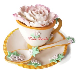 Fondant Tea Party Cake Toppers for birthday, bridal shower and more! Tea cup, saucer, spoon, flowers, books and leaves