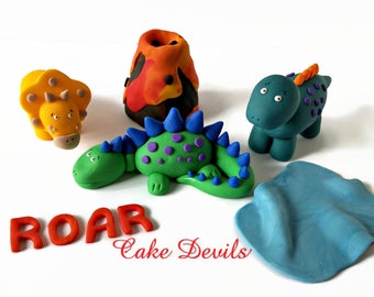 Dinosaur Cake kit, Birthday Cake Decorations, Fondant Dinosaurs, Volcano Cake Topper, Dino Topper, handmade edible, Dinosaur Birthday Party