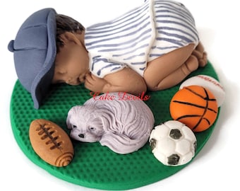 Fondant Sports Baby Shower Cake Topper, Sleeping baby with baseball, soccer ball, basketball, and football, All Star Baby Cake Decoration