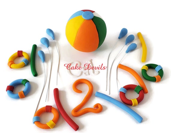 Big Beach Ball Fondant Pool Party Cake Toppers with fondant pool noodles, rafts and water splashes. Perfect for a summer birthday pool party Il_570xn