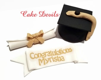 Graduation Cake Topper, Fondant Graduation Cap, Congratulations Banner, Diploma Cake Decoration, Handmade Cake Toppers, Graduation Party