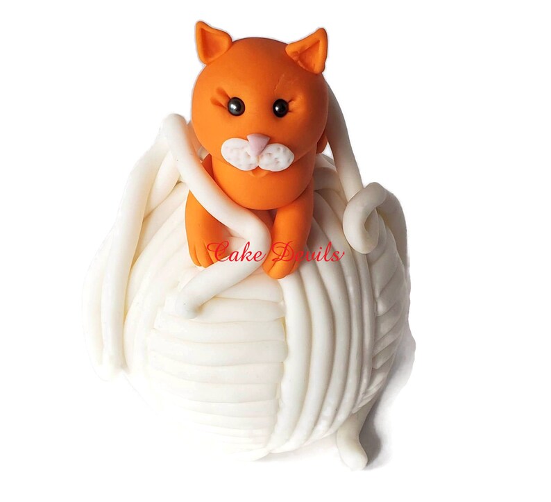Fondant Cat on a Big Yarn Ball Cake Topper Cat and Yarn Cake Etsy