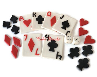 Toppers de pastel de casino fondant, comestibles hechos a mano, decoraciones de pasteles de naipes, dados, trajes de casino, diamante, corazón, pala, club