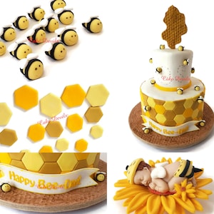 12pc 24pc Fondant Bees & Flower Cake Topper/ Bees Cake 