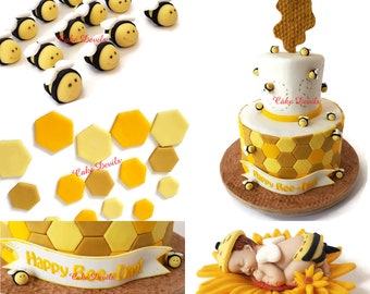 Fondant Bumble Bee and Honeycomb Cake Toppers, Perfect for a What Will it Bee Gender Reveal, a Happy Bee-day Birthday Cake, Mommy to Bee