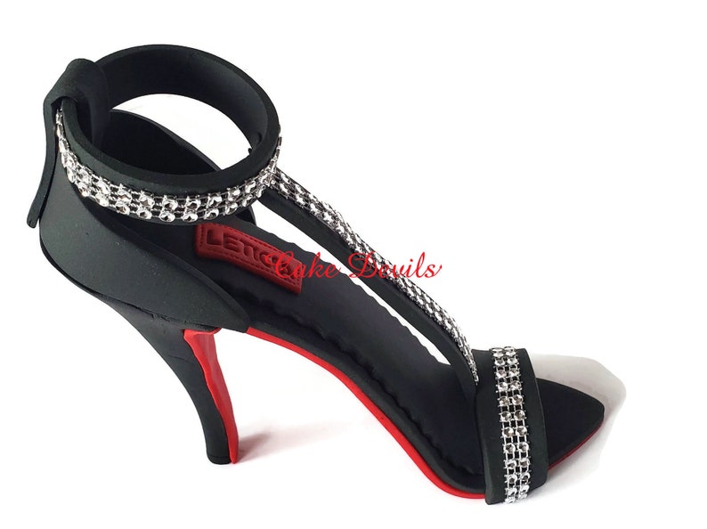 Fondant Sexy Rhinestone High Heel Shoe Cake Topper with bling Toe Strap, Stiletto with sparkle, Handmade Gumpaste, Fashion or Shopping cake image 1