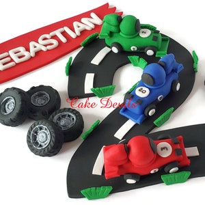 Race Car Cake Decorations, Fondant Race Cars and Race Track, Number Road, Fondant Tires, Race Car Banner, Helmet, Finish Line, Birthday Cake