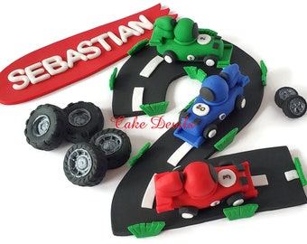 Race Car Cake Decorations, Fondant Race Cars and Race Track, Number Road, Fondant Tires, Race Car Banner, Helmet, Finish Line, Birthday Cake