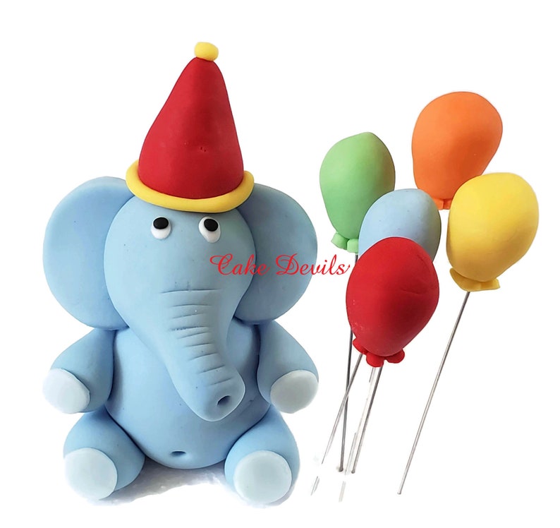 Fondant Circus Elephant Cake Topper, Elephant with balloons Cake Decorations, Handmade Edible Elephant image 1