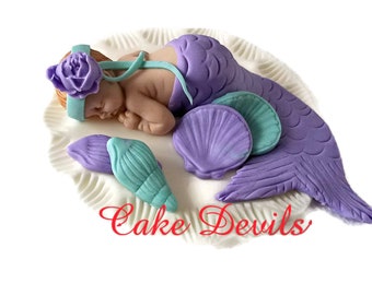 Fondant Mermaid Baby Shower Cake Topper, Baby girl, sleeping baby, Mermaid Baby Cake Decoration, Baptism, Christening, Handmade Edible