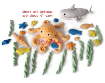 Fondant Sea Life Animals Cake Topper set with Octopus, Shark, Fish, Seaweed, and Shells Cake Decorations, Ocean birthday cake, baby shower