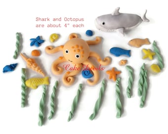 Fondant Sea Life Animals Cake Topper set con decoraciones de pastel de pulpo, tiburón, pescado, algas y conchas, pastel de cumpleaños del océano, baby shower