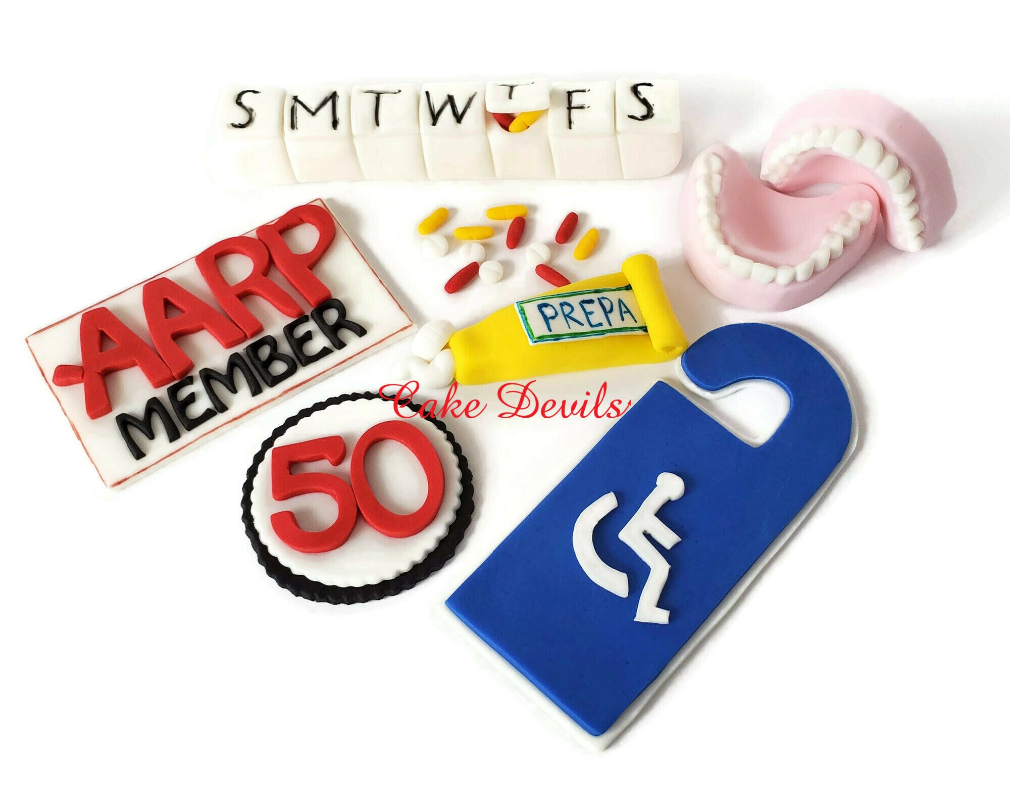 Over the Hill Cake Toppers Fondant Cake Decorations Dentures Cake Topper Pill Case Handicap Sign Hemrroid Cream pills
