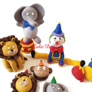 Fondant Circus Cake Toppers, Clown Cake Decoration, Animal Cake Decor, Elephant, lion, monkey, balloons Cake Decorations, Handmade Edible image 5