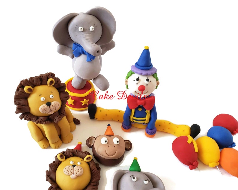 Fondant Circus Cake Toppers, Clown Cake Decoration, Animal Cake Decor, Elephant, lion, monkey, balloons Cake Decorations, Handmade Edible image 5