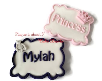 Placa con nombre personalizada para decoración de tarta, placa de fondant para tarta con decoración, perfecta para cumpleaños, baby shower y mucho más. corona, arco