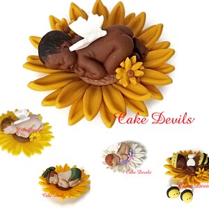 Topper de pastel de girasol bebé durmiente, baby shower de girasol de abeja fondant, bebé desnudo, bebé camuflaje, bautismo, bautizo, comestible hecho a mano