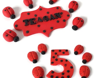 May include: Red and black ladybug cake toppers with a red and black sign that says "Teagan" and a red and black number 5 cake topper.