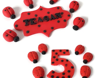 Fondant Ladybug Cake Toppers with Ladybug print name plaque and age, Ladybug birthday cake decorations