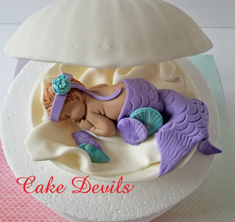 Mermaid In A Clam Shell Baby Shower Cake Topper Fondant Clam Etsy