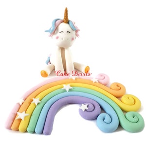 Fondant Unicorn and Rainbow Cake Toppers, Handmade Edible Unicorn and Rainbow Cake Decorations with horn and stars
