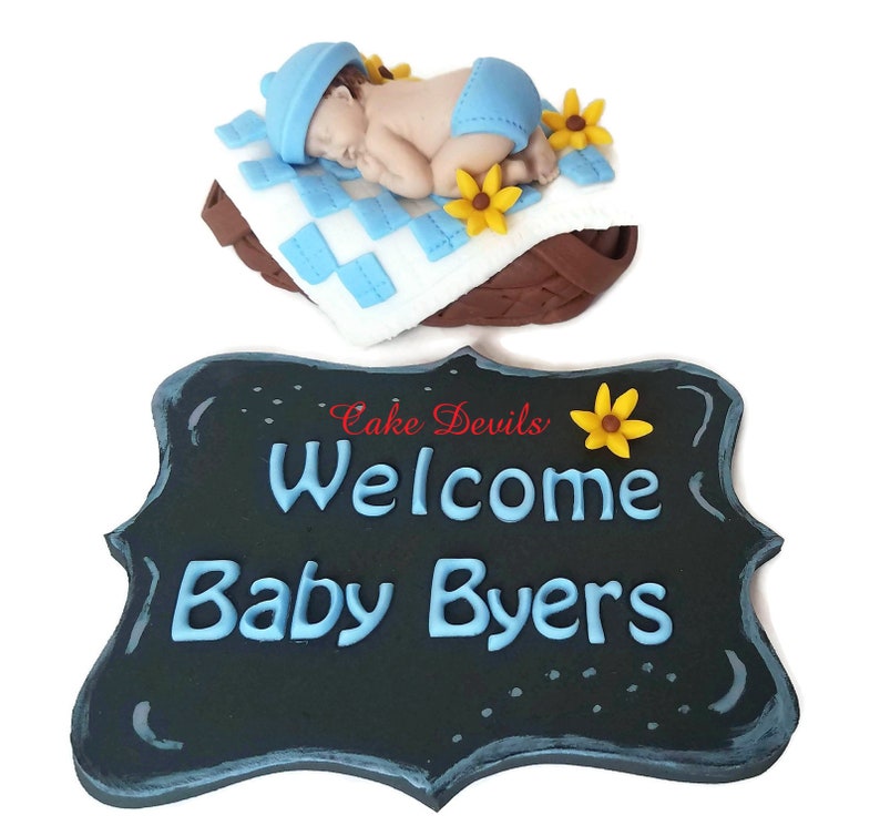 Picnic Baby Shower Cake Topper, Baby Face Cupcake Toppers, Fondant, Baby in Picnic Basket, Sunflowers, BBQ, Babyque, babyq bild 4