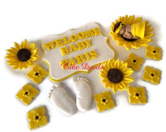 Fondant Sunflower Baby Shower Cake Toppers, Fondant Baby with Headband and Skirt, Baby Feet, Plaque, Flowers Cake Decorations, Edible