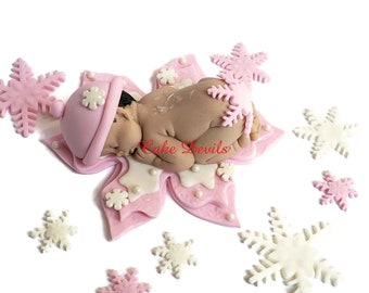Fondant Pink Snowflake Baby Shower Cake Topper, Winter Baby, sleeping baby, Snow Angel Baby Decoration, fondant snowflakes, Handmade Edible