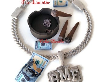 Cadena de eslabones grandes de fondant de Miami con 3 placas iniciales, porros o porros, cenicero y adornos comestibles para tartas con forma de dinero, decoraciones personalizadas para tartas