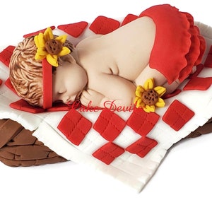 Picnic Baby Shower Cake Topper, Baby Face Cupcake Toppers, Fondant, Baby in Picnic Basket, Sunflowers, BBQ, Babyque, babyq bild 5