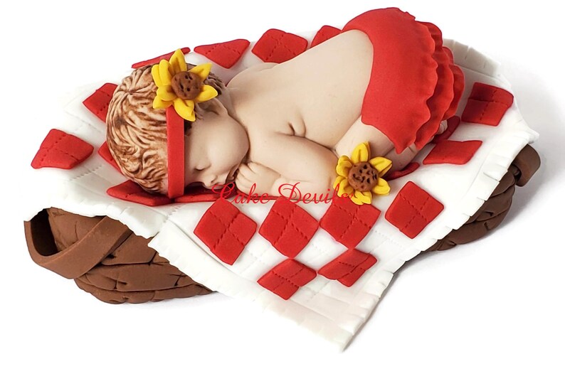 Picnic Baby Shower Cake Topper, Baby Face Cupcake Toppers, Fondant, Baby in Picnic Basket, Sunflowers, BBQ, Babyque, babyq bild 5