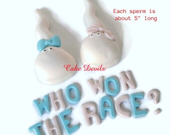 Who Won the Race Sperm Gender Reveal Cake Toppers, Fondant Pink or Blue Party, Boy or Girl Baby Cake Decorations, Handmade Edible sugar