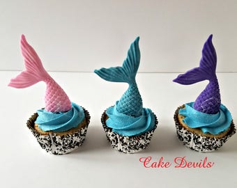 Mermaid Cupcake Toppers, Fondant Mermaid Tails, Under the Sea cake decorations, Sea Shell and Ocean Party, Handmade Edible Fondant Mermaids