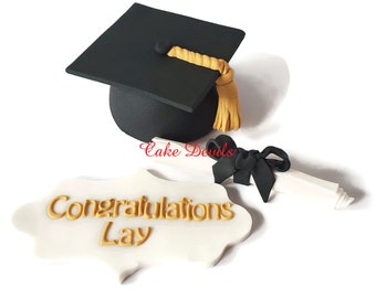 Graduation Fondant Cake Toppers, Graduation Cap, Congratulations Plaque, and Diploma Cake Decorations, Handmade for a Graduation Party