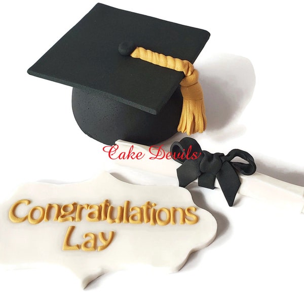 Graduation Fondant Cake Toppers, Graduation Cap, Congratulations Plaque, and Diploma Cake Decorations, Handmade for a Graduation Party