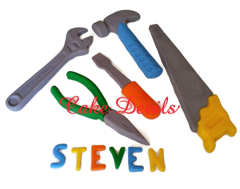 May include: A set of five colorful toy tools, including a hammer, wrench, pliers, screwdriver, and saw, with the name "STEVEN" spelled out in colorful letters.