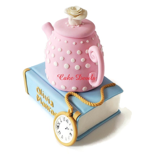 Large Fondant Teapot, Fairy Tale Book, and Pocket Watch Cake Toppers, Perfect for an Alice in Wonderland Theme Cake