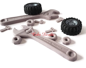 Fondant Mechanic Tools Cake Toppers, Fondant Wrenches, Tires, Bolts Cake Decorations, Auto Mechanic, Aircraft Mechanic Cake