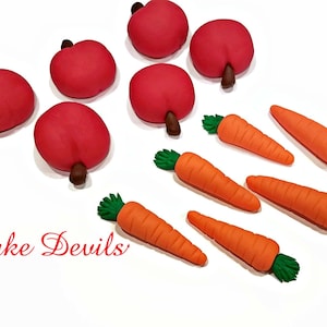Apple Cupcake Toppers, Carrot Cake Decorations, Fondant Garden Party, Chef Cake, Farm Cupcake, Handmade Edible Fruit Vegetables Decorations