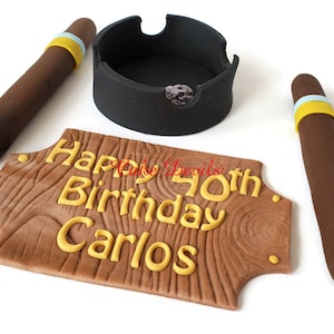 Fondant Cigar Cake Toppers with Ashtray and plaque, Handmade Edible Cake Decorations, great for Men&#39;s Birthday Cake or Retirement Cake
