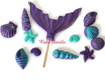 Fondant Mermaid Tail Cake Topper set with Sea Shells, Seaweed, and optional Sea Horses, Cake Decorations, birthday cake for little girl